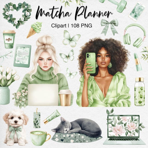 Green Planner Clipart, Matcha Aesthetic, Watercolor Digital Stickers, Junk Journal Graphics, Book Lover, Scrapbook, Reading Girl, Commercial