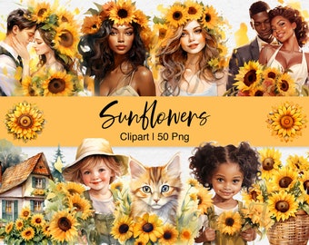 Watercolor Sunflower Clipart Bundle, Boho Flowers for Fashion Girl, Rustic Wedding, Children Clip Art, Digital Download, Commercial Use