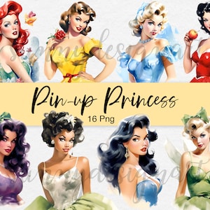 Pin up Princess Clipart, Vintage Clipart, Retro Watercolor Clipart, Pin up Girls Clipart, Pin Up PNG, Vintage Lady PNG, Commercial Use image 1