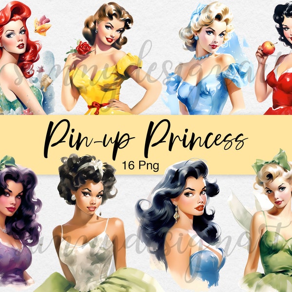 Pin up Princess Clipart, Vintage Clipart, Retro Watercolor Clipart, Pin up Girls Clipart, Pin Up PNG, Vintage Lady PNG, Commercial Use