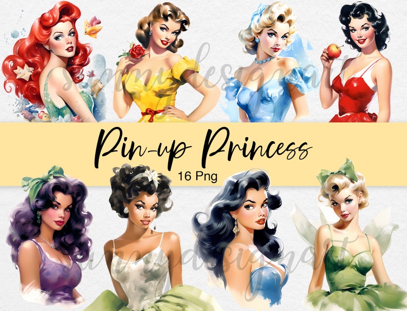 Pin up Princess Clipart, Vintage Clipart, Retro Watercolor Clipart, Pin up Girls Clipart, Pin Up PNG, Vintage Lady PNG, Commercial Use image 1