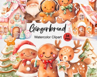 Gingerbread Christmas Clipart: Watercolor Cookies 34 PNG Digital Download