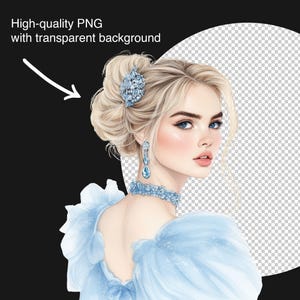 Watercolor princess portrait showing Cinderella in blue gown on transparent background, high-quality PNG for sublimation and creative design projects.
