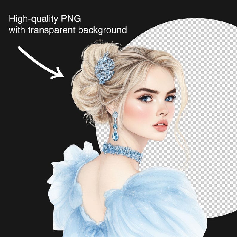 Watercolor princess portrait showing Cinderella in blue gown on transparent background, high-quality PNG for sublimation and creative design projects.