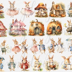 May include: A collection of watercolor illustrations featuring cute bunnies and whimsical houses. The houses are decorated with flowers, mushrooms, and pumpkins. The bunnies are wearing clothes and holding objects like umbrellas and books.
