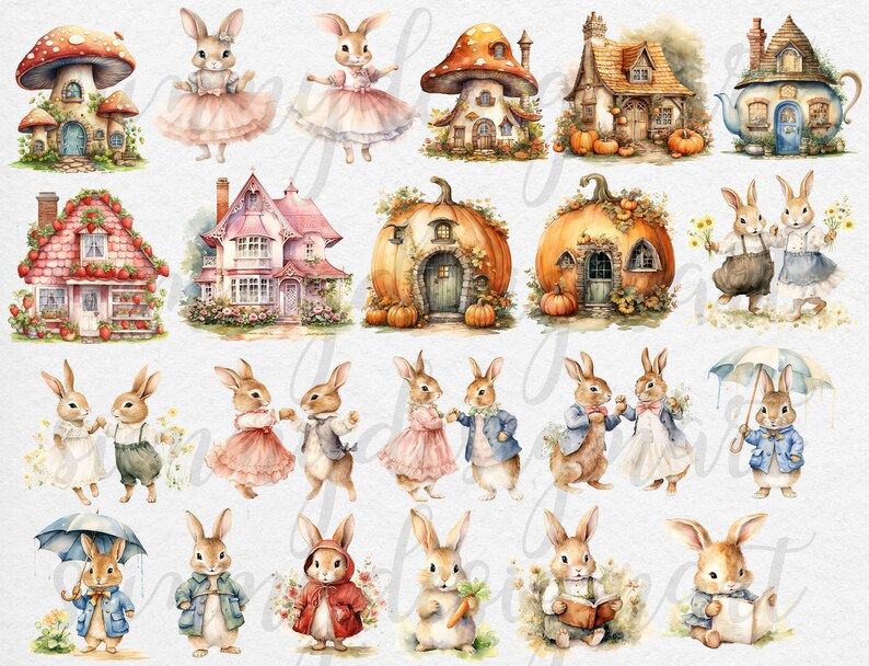 May include: A collection of watercolor illustrations featuring cute bunnies and whimsical houses. The houses are decorated with flowers, mushrooms, and pumpkins. The bunnies are wearing clothes and holding objects like umbrellas and books.