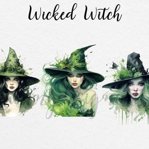 May include: Three digital illustrations of witches with green hair and pointed hats. The witches are wearing green and black hats with floral accents. The background is a white watercolor wash.