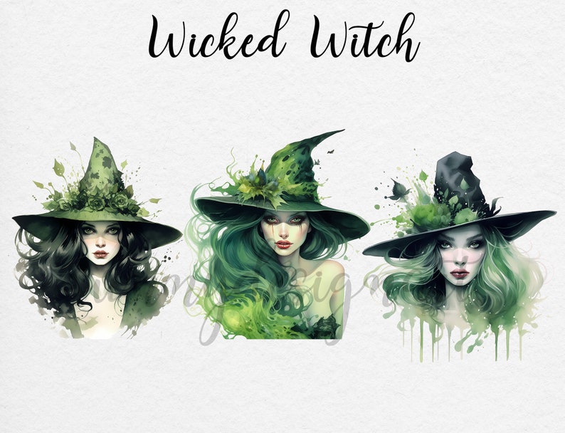 May include: Three digital illustrations of witches with green hair and pointed hats. The witches are wearing green and black hats with floral accents. The background is a white watercolor wash.