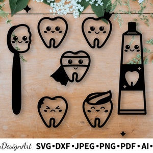 Vecteur dentaire SVG, PNG, AI, dents Kawaii, dentifrice et brosse à dents, dentiste hygiéniste, téléchargement immédiat, fichiers coupés pour Machine de découpe