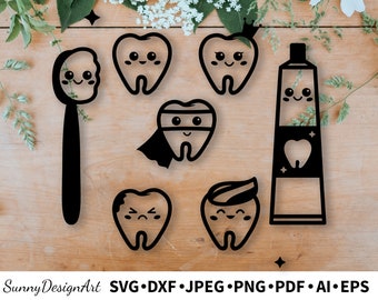 Dental vector SVG, PNG, AI, Kawaii teeth, toothpaste and toothbrush, Dentist Hygienist, Instant Download, Cut Files for Cutting Machine