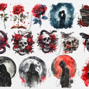 May include: A set of 12 digital watercolor illustrations featuring skulls, roses, butterflies, and other gothic imagery. The illustrations are perfect for creating digital art, scrapbooking, or other creative projects.