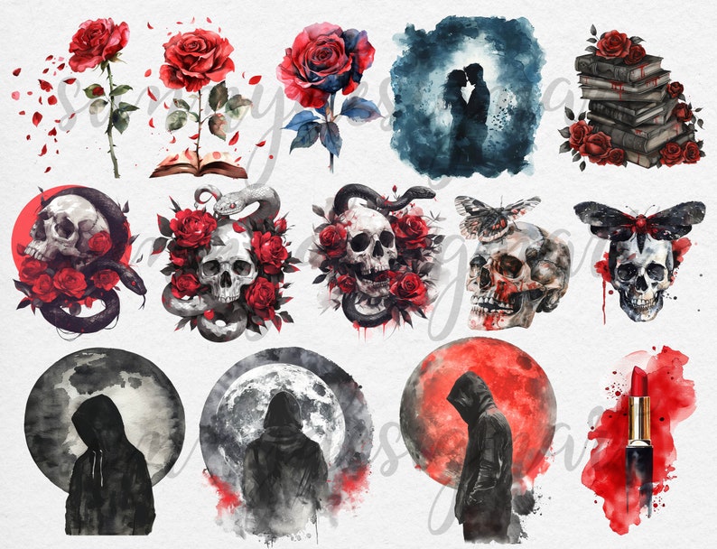 May include: A set of 12 digital watercolor illustrations featuring skulls, roses, butterflies, and other gothic imagery. The illustrations are perfect for creating digital art, scrapbooking, or other creative projects.