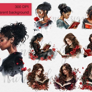 May include: A digital illustration set of ten watercolor paintings featuring women reading books. The women are depicted with long, flowing hair and are wearing dark clothing. The books are open and the pages are visible. The background is a soft, watercolor wash of red and pink.