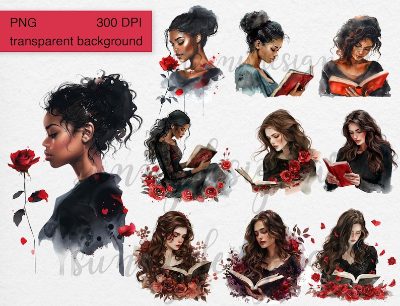 May include: A digital illustration set of ten watercolor paintings featuring women reading books. The women are depicted with long, flowing hair and are wearing dark clothing. The books are open and the pages are visible. The background is a soft, watercolor wash of red and pink.
