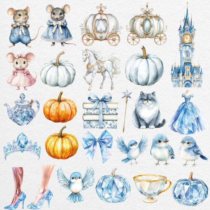 Watercolor fairytale elements — mice, pumpkin carriage, castle, shoes, teapot, ribbons, bows, and birds — Cinderella clipart bundle for scrapbooking and crafts.