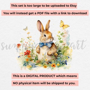 May include: A watercolor illustration of a brown bunny rabbit wearing a blue bow tie, surrounded by colorful flowers and butterflies. The text "This is a DIGITAL PRODUCT which means NO physical item will be shipped to you." is at the bottom of the image.
