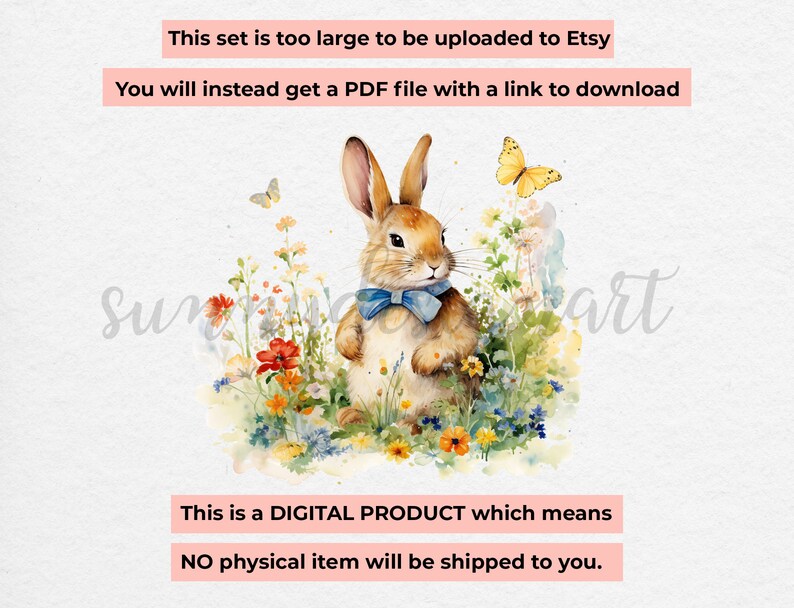 May include: A watercolor illustration of a brown bunny rabbit wearing a blue bow tie, surrounded by colorful flowers and butterflies. The text "This is a DIGITAL PRODUCT which means NO physical item will be shipped to you." is at the bottom of the image.
