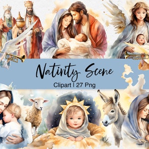 Christmas Nativity Clipart, Watercolor Nativity Scene Clipart, Baby Jesus Clipart, Christian Clipart, Bible Clipart, Nativity PNG, Digital