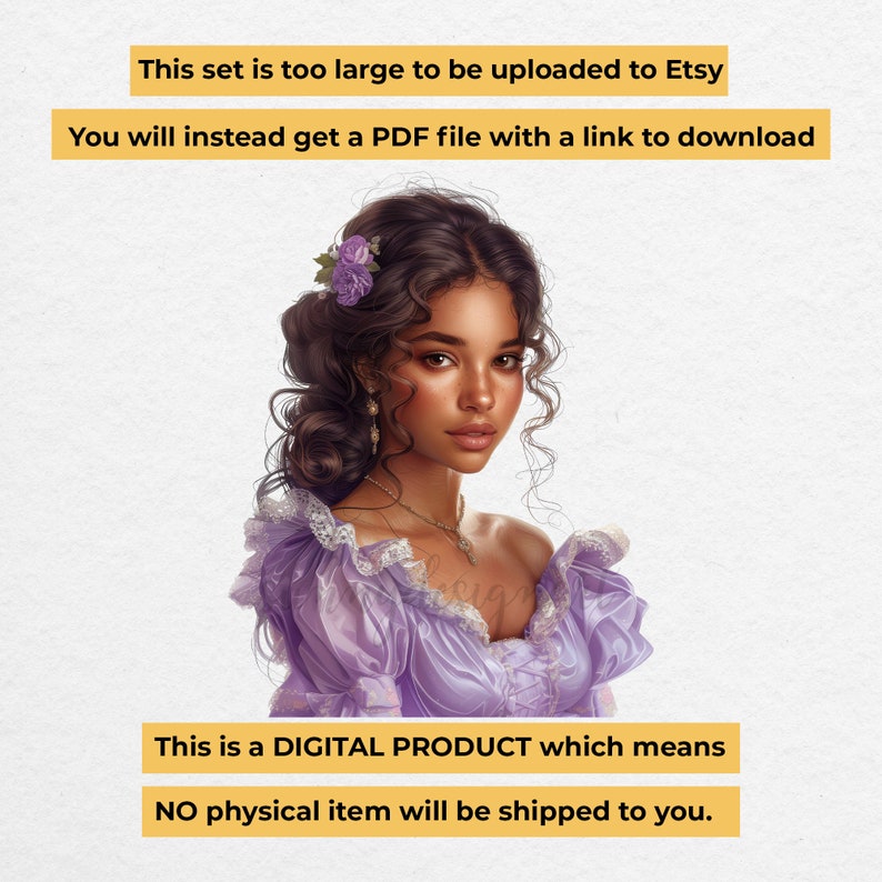 May include: A digital illustration of a woman with long, curly brown hair wearing a purple dress with lace detailing. She has a flower crown in her hair and a delicate necklace. The text "This is a DIGITAL PRODUCT which means NO physical item will be shipped to you." is displayed below the image.