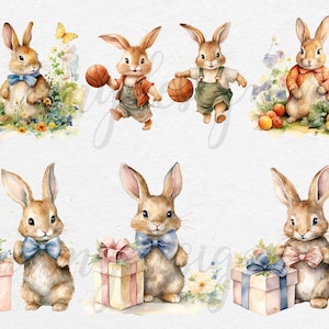 May include: Six watercolor illustrations of brown bunnies with blue and pink bow ties. The bunnies are holding a basketball, a gift box, and a bouquet of flowers. The illustrations are set against a white background.