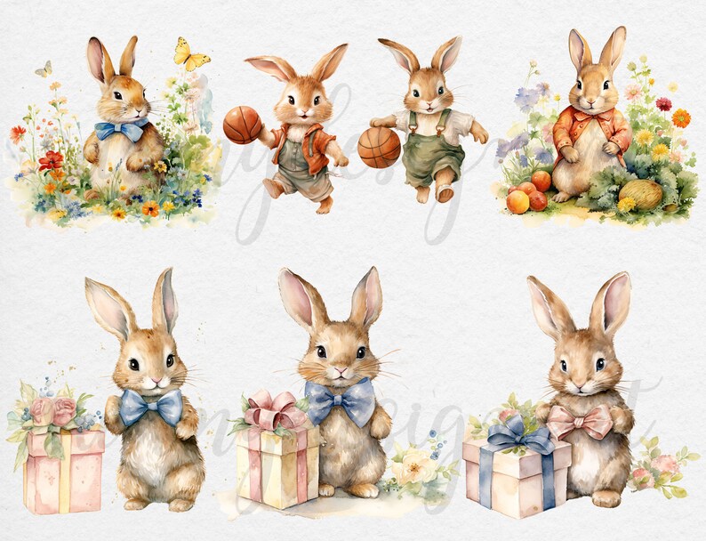 May include: Six watercolor illustrations of brown bunnies with blue and pink bow ties. The bunnies are holding a basketball, a gift box, and a bouquet of flowers. The illustrations are set against a white background.