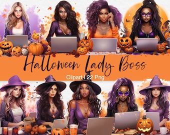 Halloween Lady Boss Clipart, Lady Boss with Laptop, Working Girl Clipart, Fashion Girl Clipart, Girl Boss Clipart, Freelance Clipart, PNG