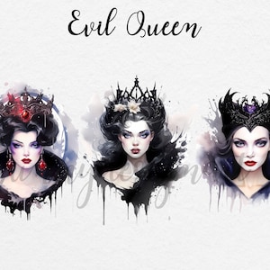 May include: Three watercolor illustrations of evil queens with black hair and crowns. The queens are wearing black dresses and have dark makeup. The background is a watercolor wash of purple, blue, and pink.