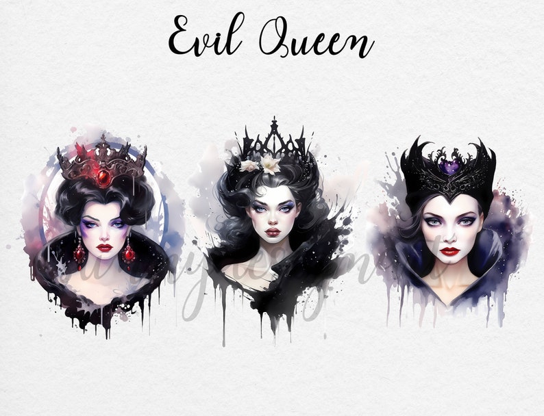 May include: Three watercolor illustrations of evil queens with black hair and crowns. The queens are wearing black dresses and have dark makeup. The background is a watercolor wash of purple, blue, and pink.