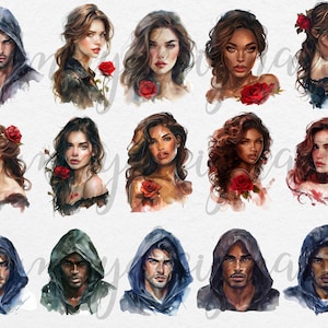 May include: A digital illustration of 12 watercolor portraits of people with red roses. The portraits are of both men and women with various hairstyles and skin tones. The portraits are set against a white background.