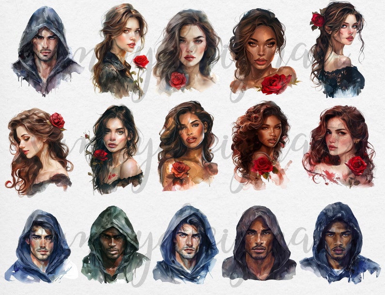 May include: A digital illustration of 12 watercolor portraits of people with red roses. The portraits are of both men and women with various hairstyles and skin tones. The portraits are set against a white background.