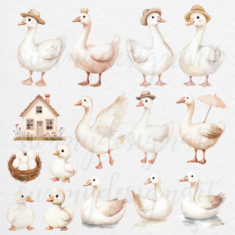 Puede incluir: Un conjunto de ilustraciones de acuarela que representan gansos blancos con varios accesorios, incluidos sombreros, paraguas y una peque&ntilde;a casa. Los gansos se representan en diferentes poses, algunos de pie, algunos sentados y algunos nadando. Las ilustraciones son perfectas para agregar un toque de fantas&iacute;a a cualquier proyecto.