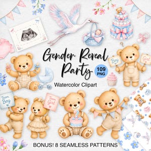 Può includere: Una collezione digitale di illustrazioni ad acquerello con orsacchiotti, una cicogna che trasporta un bambino, una torta di pannolini, una carrozzina e immagini ecografiche. Il testo recita Gender Reveal Party, 109 PNG e BONUS! 8 SEAMLESS PATTERNS.