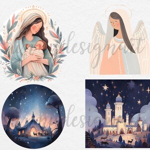 Puede incluir: Un conjunto de cuatro ilustraciones digitales que representan a una madre y un ni&ntilde;o, un &aacute;ngel, un establo con una estrella y un castillo con una estrella. Las ilustraciones est&aacute;n realizadas en un estilo acuarela con colores suaves y un ambiente de fantas&iacute;a.