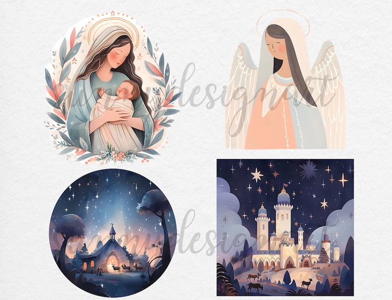 Puede incluir: Un conjunto de cuatro ilustraciones digitales que representan a una madre y un ni&ntilde;o, un &aacute;ngel, un establo con una estrella y un castillo con una estrella. Las ilustraciones est&aacute;n realizadas en un estilo acuarela con colores suaves y un ambiente de fantas&iacute;a.