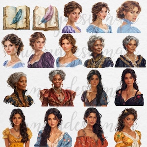 May include: A digital collage featuring 15 women with diverse hairstyles, clothing, and skin tones. The women are all looking at the camera with a range of expressions. The background is a white, textured surface.