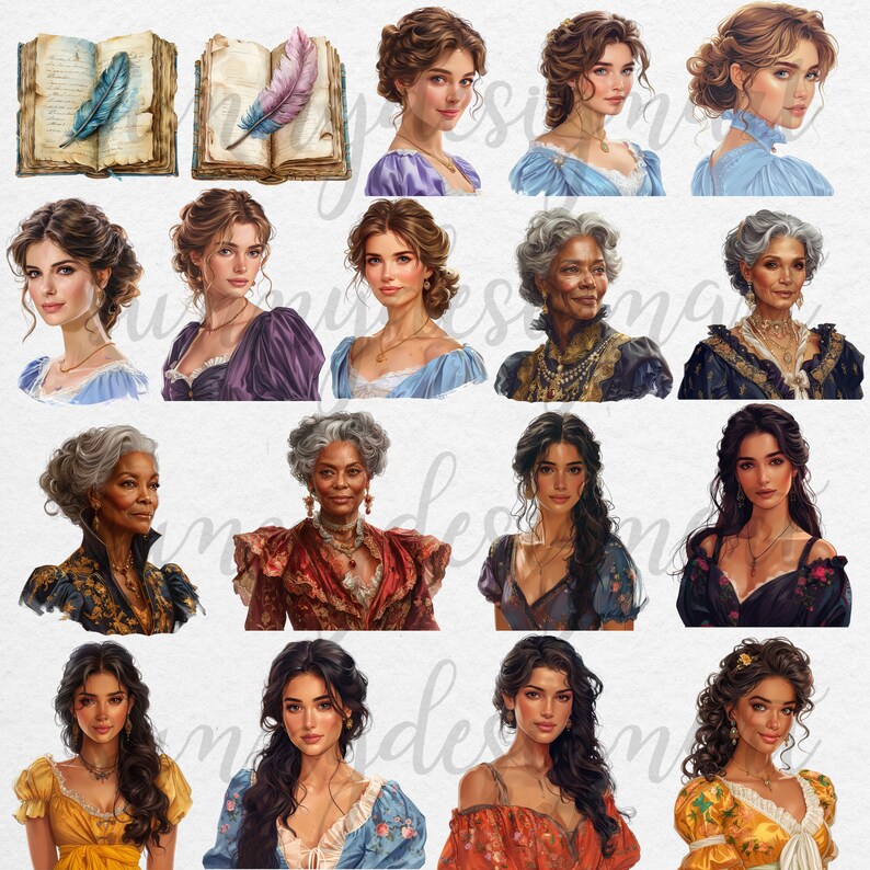 May include: A digital collage featuring 15 women with diverse hairstyles, clothing, and skin tones. The women are all looking at the camera with a range of expressions. The background is a white, textured surface.