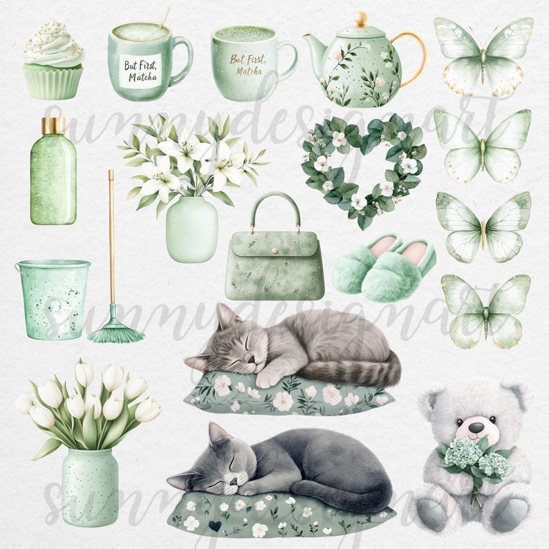K&ouml;nnte beinhalten: Ein Set aus gr&uuml;nen und wei&szlig;en Aquarell-Illustrationen mit einer Teekanne, Teetassen, Cupcakes, Schmetterlingen, einem Strau&szlig; wei&szlig;er Blumen, einer schlafenden Katze auf einem Kissen, einem Teddyb&auml;r, der Blumen h&auml;lt, einem Kranz, einem Paar Hausschuhen, einem Eimer, einem Besen, einer Flasche und einer Handtasche. Die Illustrationen sind perfekt, um ein verspieltes und charmantes Design zu erstellen.