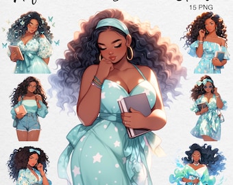 Watercolor Black Girl Reading Clipart: Summer Bookworm PNG (Commercial Use)