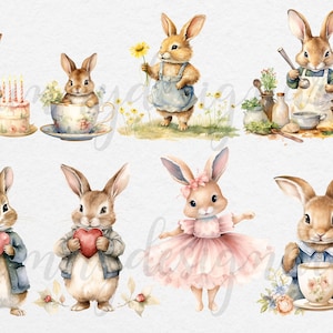 May include: A set of ten watercolor illustrations featuring cute bunnies in various poses and settings. The bunnies are wearing clothes and holding objects like a cake, a teacup, a heart, and a spoon. The illustrations are perfect for adding a touch of whimsy to any project.