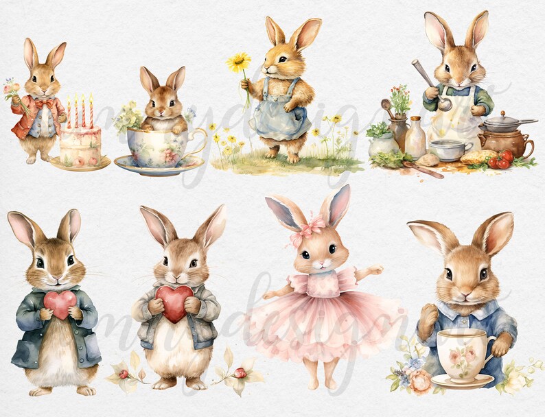 May include: A set of ten watercolor illustrations featuring cute bunnies in various poses and settings. The bunnies are wearing clothes and holding objects like a cake, a teacup, a heart, and a spoon. The illustrations are perfect for adding a touch of whimsy to any project.