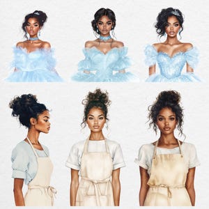 Watercolor clipart showing Black Cinderella before and after transformation, detailed gown textures, diverse princess illustrations with aprons and buns.