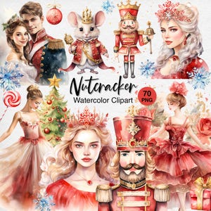 Peut inclure: Ensemble de cliparts aquarelle représentant des personnages et des éléments du ballet Casse-Noisette. Comprend un prince et une princesse, un roi des souris, un soldat casse-noisette et des ballerines. Le texte "Nutcracker Watercolor Clipart" est affiché.