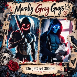 Op de afbeelding: Een digitale kunstdruk getiteld Morally Grey Guys met twee gespierde figuren in hoodies. De een houdt een honkbalknuppel vast met een rood lichtgevend masker, de ander een kat met een blauw lichtgevend schedelmasker. Inclusief schedel, rode roos en 136 JPG A4 300 DPI.