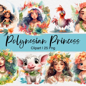 Moana Inspired Clipart, Polynesian Princess Clipart, Moana PNG, Watercolor Clipart, Fairy Tale Clipart, Princess Clip Art, Commercial Use
