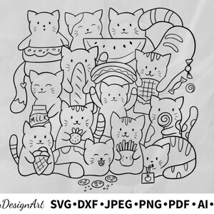 Cute kawaii cats SVG with food, digital paper with kittens and fast food, PNG funny kitty, design for t shirt, instant download