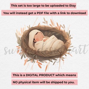 Puede incluir: Una ilustraci&oacute;n digital de un beb&eacute; Jes&uacute;s durmiendo en un pesebre, rodeado de vegetaci&oacute;n. La imagen es un producto digital y se entregar&aacute; como un archivo PDF.
