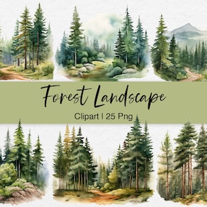 Imágenes prediseñadas de paisaje forestal, pino en acuarela PNG, fondo de bosque, imágenes prediseñadas de vegetación, álbum de recortes, pegatinas para planificador digital, creación de tarjetas