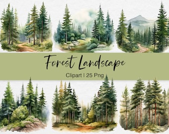 Forest Landscape Clipart, Watercolor Pine Tree PNG, Woodland Background, Greenery Clip Art, Scrapbook, Digital Planner Sticker, Card Making