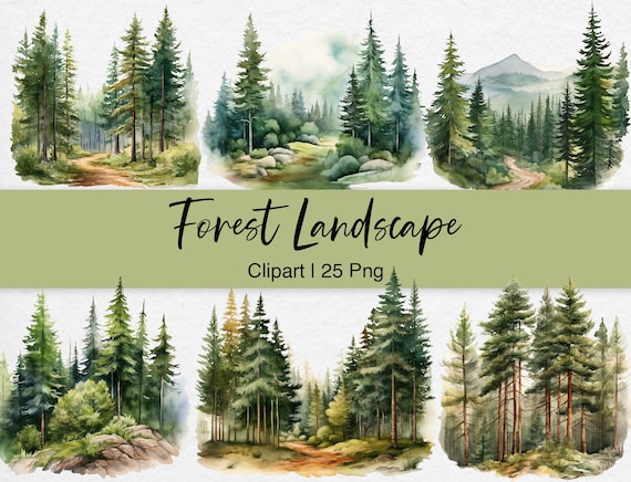 Forest Landscape Clipart, Watercolor Pine Tree PNG, Woodland Background, Greenery Clip Art, Scrapbook, Digital Planner Sticker, Card Making