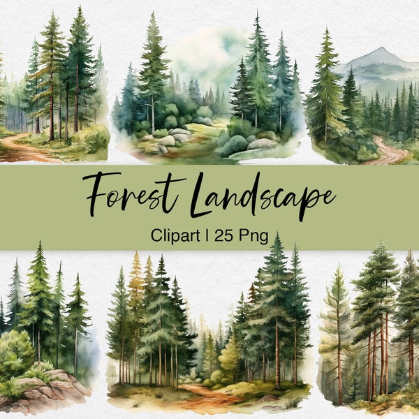 Forest Landscape Clipart, Watercolor Pine Tree PNG, Woodland Background, Greenery Clip Art, Scrapbook, Digital Planner Sticker, Card Making